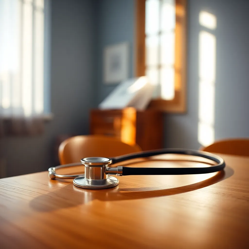 Doctor's Desk with Stethoscope A close-up of a doctor's desk captures the essential tools of healthcare, featuring a polished stethoscope resting on a richly grained wooden surface. Soft window light creates delicate shadows, adding depth and warmth to the scene. The use of Kodak Portra 400 color palette enhances natural skin tones, evoking a welcoming environment. This image symbolizes professionalism and care in the medical field.