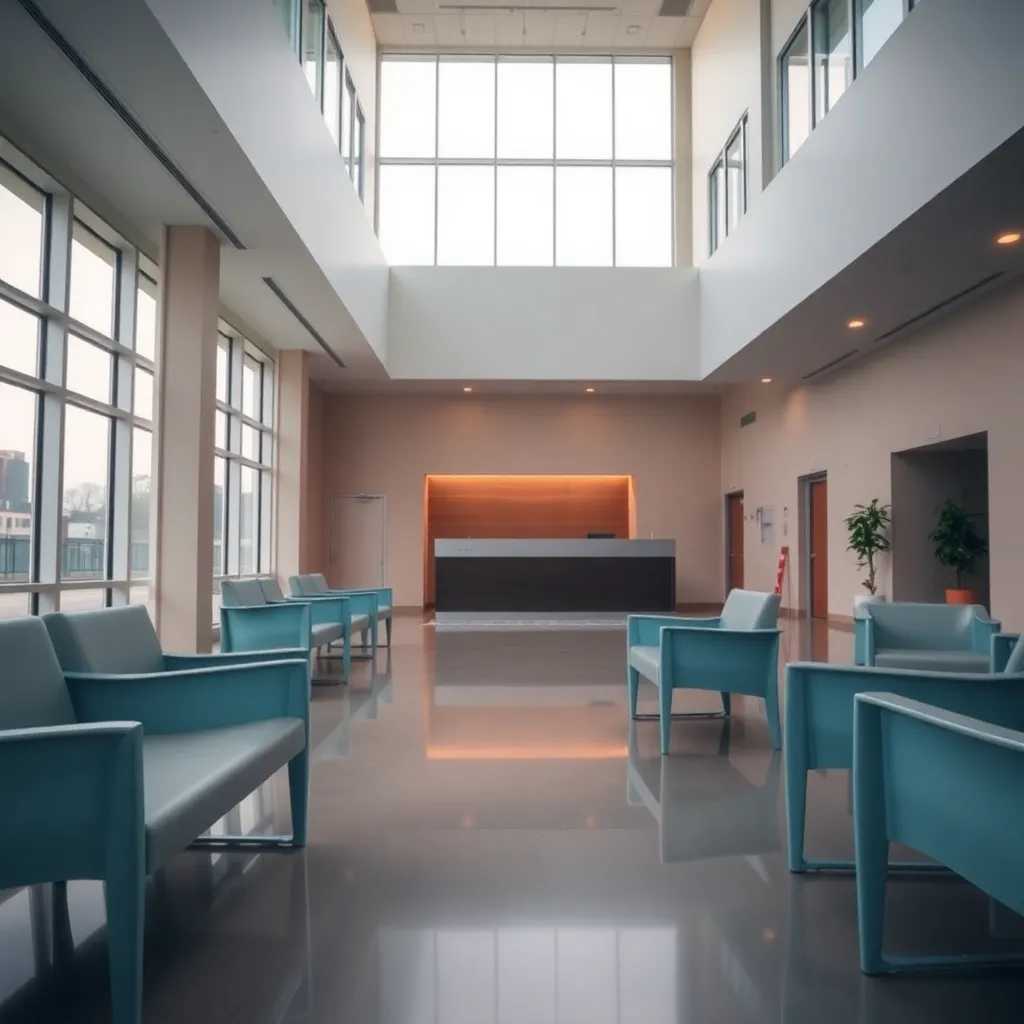 Modern Healthcare Waiting Room A contemporary waiting room in a healthcare facility is illuminated by soft, diffused daylight filtering through large windows. The spacious area encourages comfort, with sleek furniture arranged to foster a sense of order and calm. Hypertidal focus showcases the reception desk in detail, while muted tones create a relaxing ambiance. The design emphasizes cleanliness and accessibility, inviting patients to feel at ease.