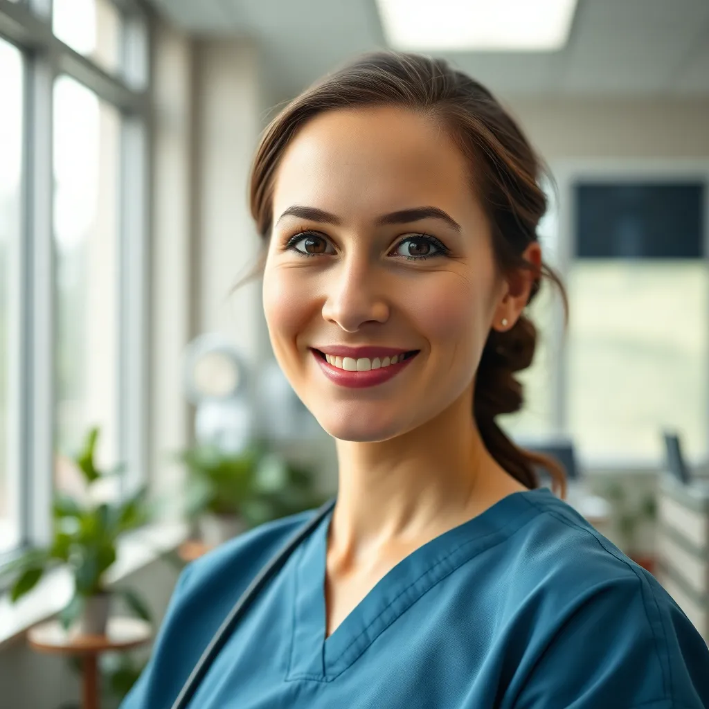 This image portrays a compassionate nurse in a hospital, captured during a soft, overcast day. She smiles warmly, embodying kindness and professionalism. The muted blues and greens of the medical environment create a calm and reassuring atmosphere, making it ideal for healthcare themes. The composition draws the viewer's eye naturally to her expression, emphasizing the human connection in a clinical setting.