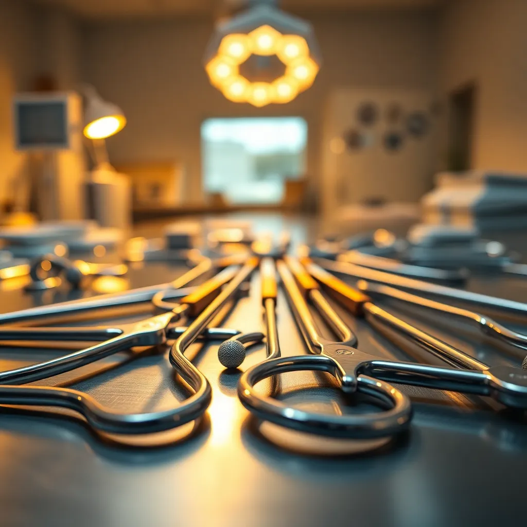 This close-up image captures a pristine arrangement of medical tools on a polished stainless steel surface. Illuminated by warm tungsten light, the tools reflect sharp details that emphasize cleanliness and precision. The shallow depth of field creates a creamy bokeh, enhancing the metallic textures and inviting closer inspection. Ideal for representing the tools of healthcare, this image underscores the importance of detail in the medical profession.