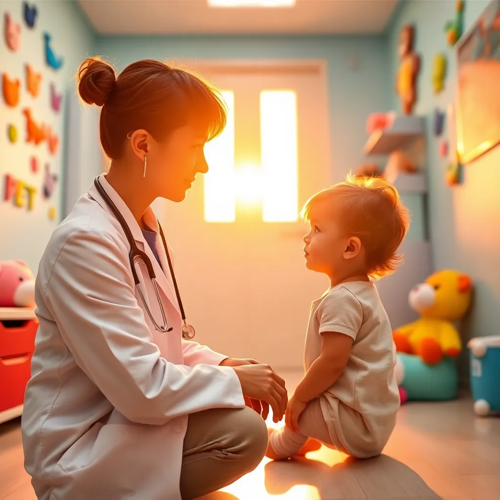 Pediatrician Interacting with Young Patient In a pediatric clinic, a kind pediatrician interacts with a young patient, kneeling to ensure eye contact. The golden hour light beautifully highlights the warmth of the interaction, complemented by a backdrop of colorful wall decals and plush toys. The focus on the child's expressive eyes captures the trust and comfort in the healthcare environment. The image radiates positivity and reassurance.