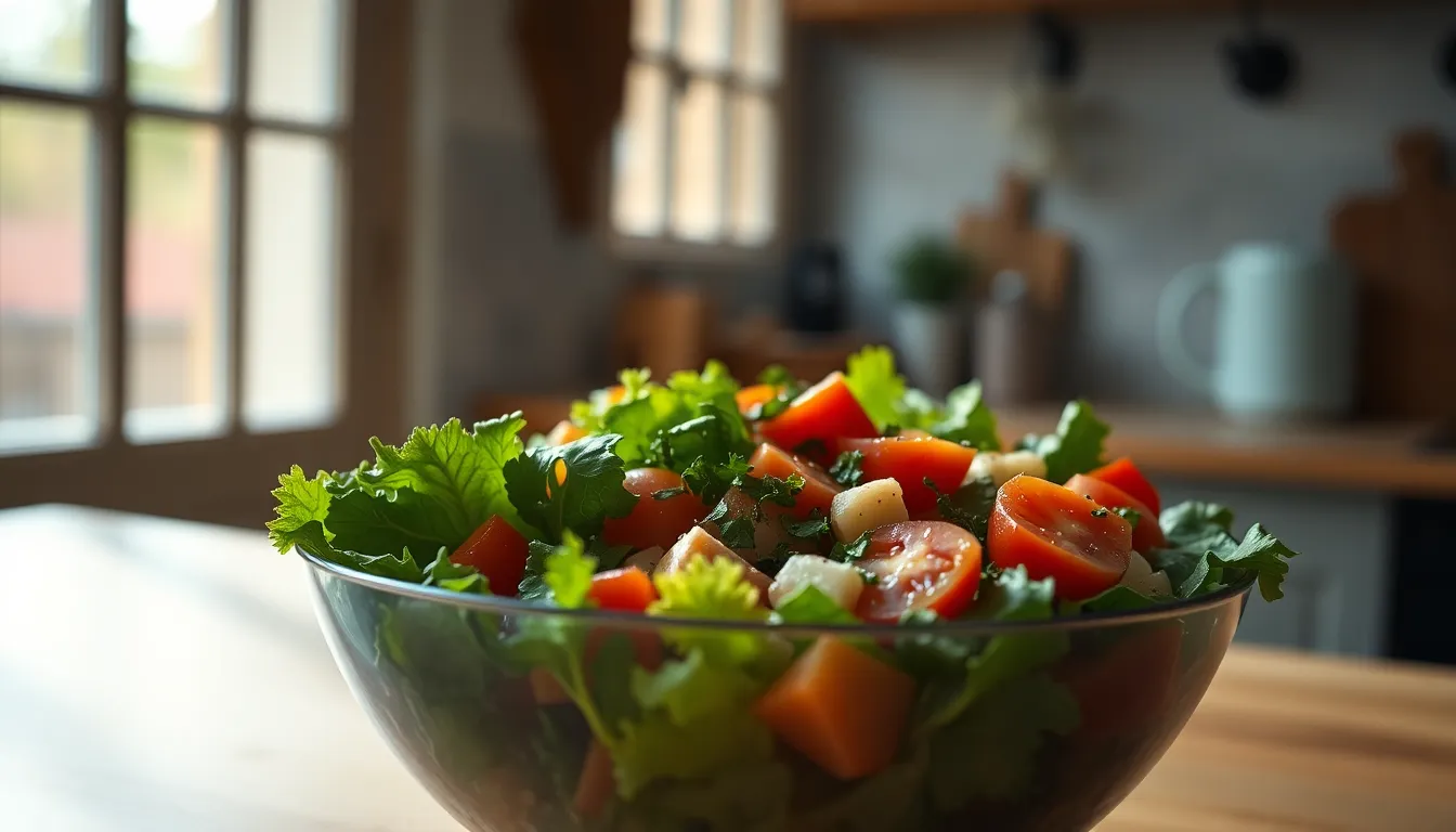 This photorealistic image showcases a colorful and vibrant fresh salad beautifully arranged in a bowl. Soft daylight filters through an open kitchen window, creating a warm and inviting atmosphere. The textures of the crisp lettuce, juicy tomatoes, and finely chopped herbs are highlighted, emphasizing freshness and healthiness. The shallow depth of field draws attention to the salad while a blurred kitchen background adds context.