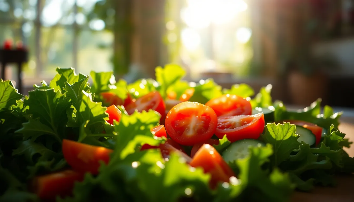 This image showcases a vibrant organic salad laid out on a rustic wooden table, illuminated by dappled sunlight filtering through leaves. The fresh textures of crisp lettuce, juicy tomatoes, and crunchy cucumbers create a colorful feast for the eyes, enhanced by glistening water droplets. With warm Kodak Portra 400 tones, this scene captures the essence of healthy eating in a natural setting, inviting viewers to indulge in its freshness and vitality.
