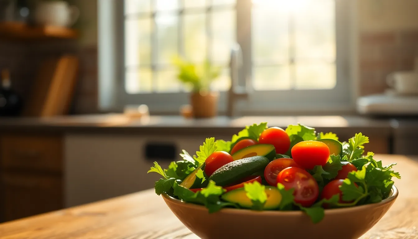 A vibrant salad featuring mixed greens, cherry tomatoes, and avocado is beautifully arranged in a rustic kitchen setting. Morning sunlight filters through the window, casting a warm glow over the scene. The rich colors of the ingredients contrast with the wooden table, inviting an uplifting and fresh mood. The shallow depth of field brings attention to the salad while subtly blurring the background, enhancing the focus on the healthy meal.
