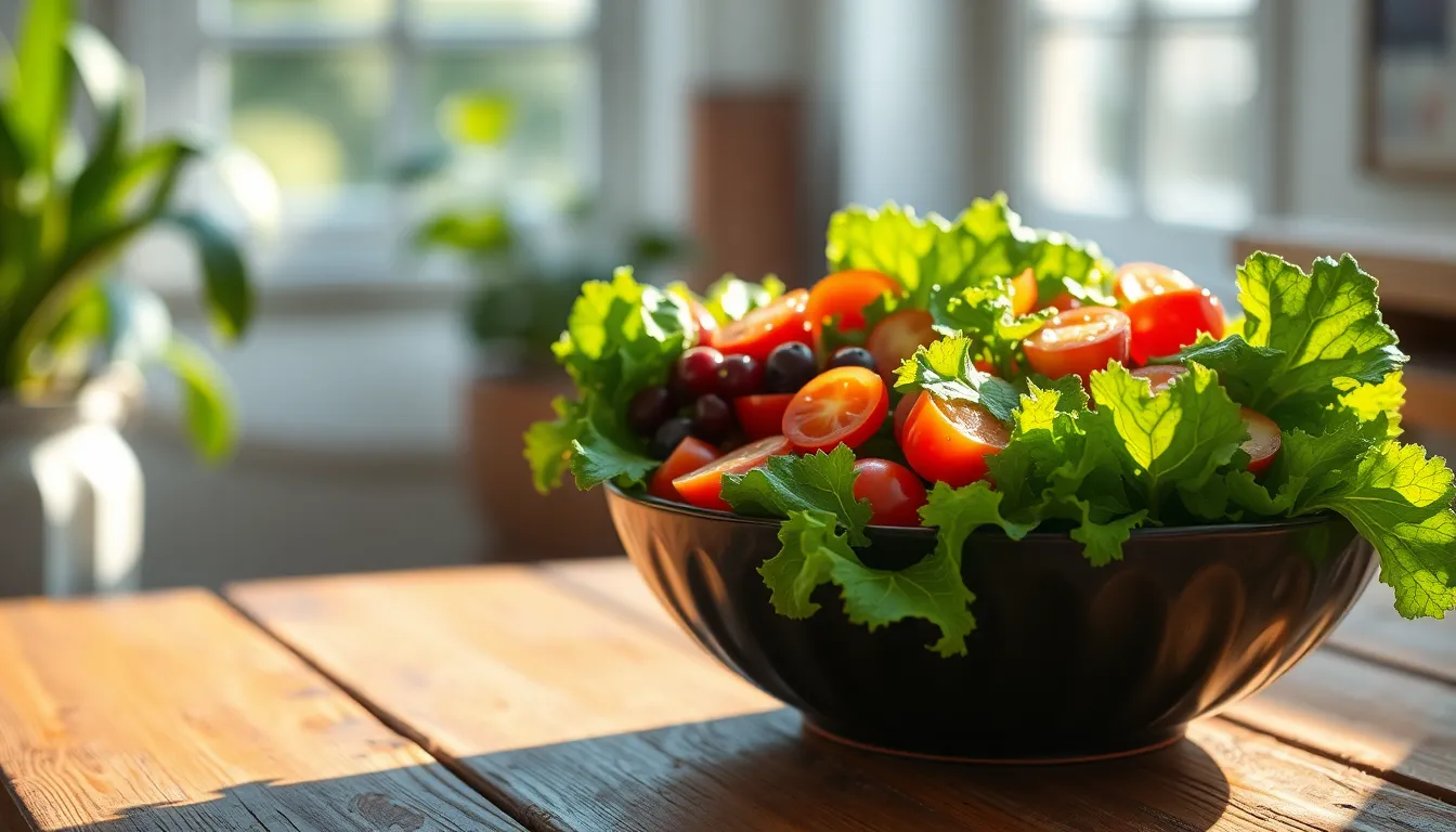 This dynamic image depicts a vibrant salad bowl filled with fresh organic vegetables, captured in soft morning light. The greens and reds contrast beautifully, highlighting the freshness and healthiness of the dish. The shallow depth of field artfully blurs the rustic wooden table, drawing attention to the enticing salad. This visually appealing arrangement is perfect for showcasing healthy eating.