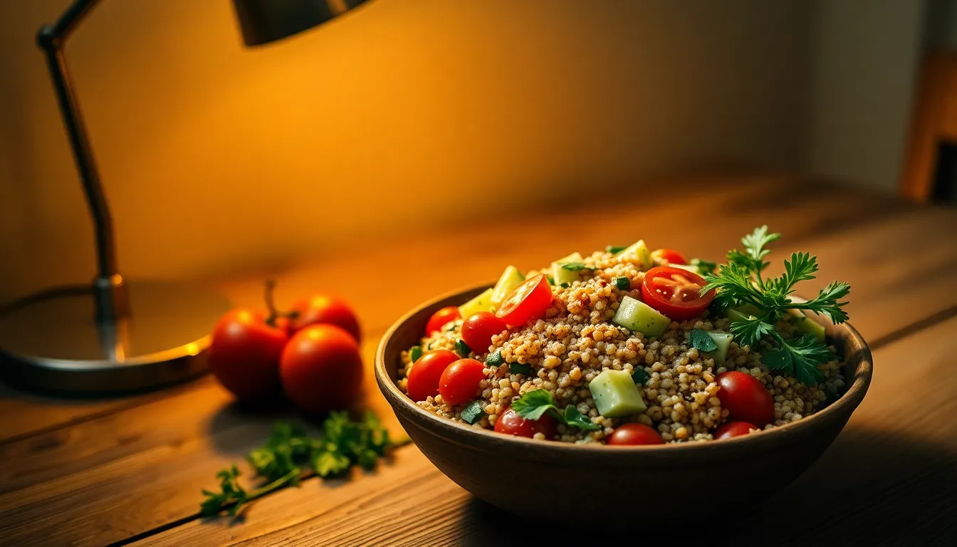 This image showcases a vibrant quinoa salad beautifully arranged in a rustic bowl. The salad is filled with cherry tomatoes, cucumbers, and fresh herbs, radiating freshness. Warm light from a desk lamp creates an inviting atmosphere, highlighting the rich textures of the ingredients. The natural muted tones evoke a sense of health and well-being, perfect for portraying wholesome food.
