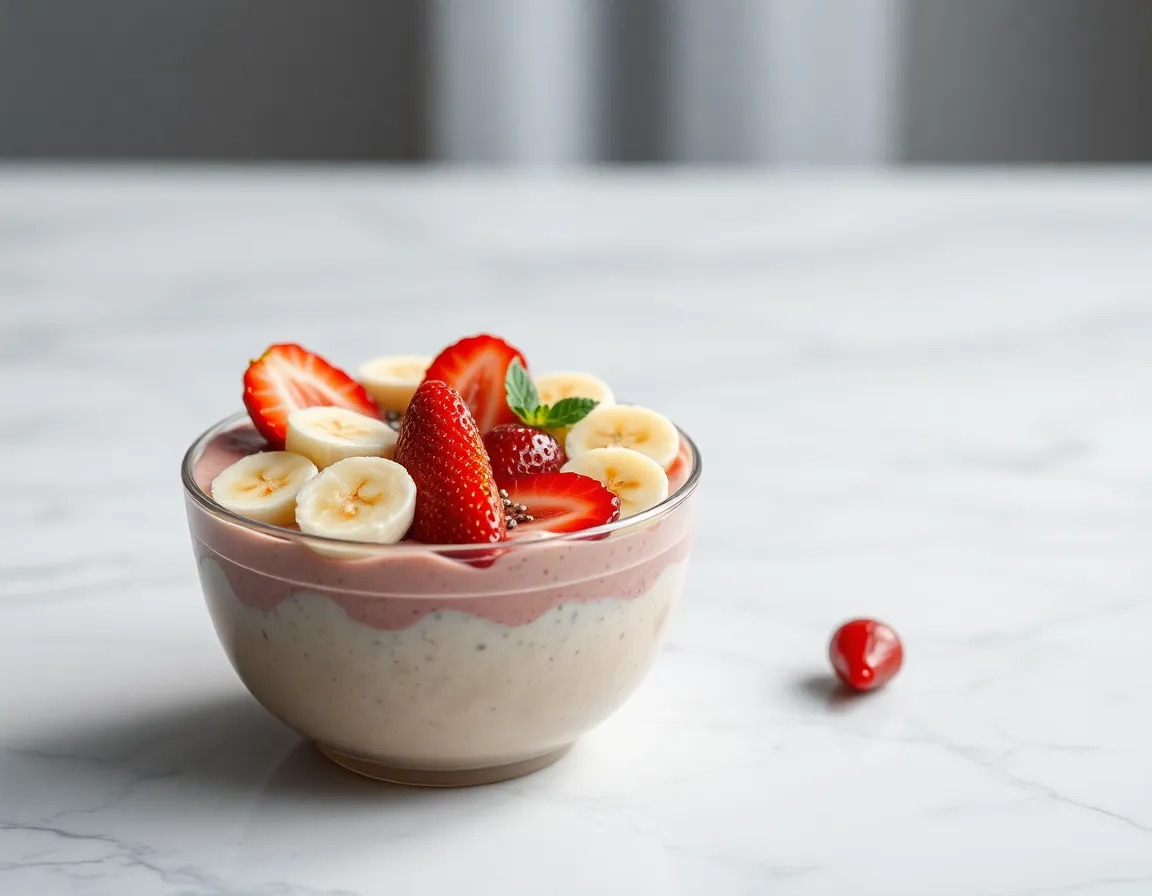 An elegant smoothie bowl beautifully garnished with fresh fruits, including bananas and strawberries, sits atop a textured white marble surface. Studio lighting enhances the colors and details of the ingredients, creating a captivating visual narrative. The creamy bokeh in the background celebrates the rich textures of the dish while maintaining focus on the bowl itself. This image symbolizes health and indulgence, perfect for promoting a healthy lifestyle.
