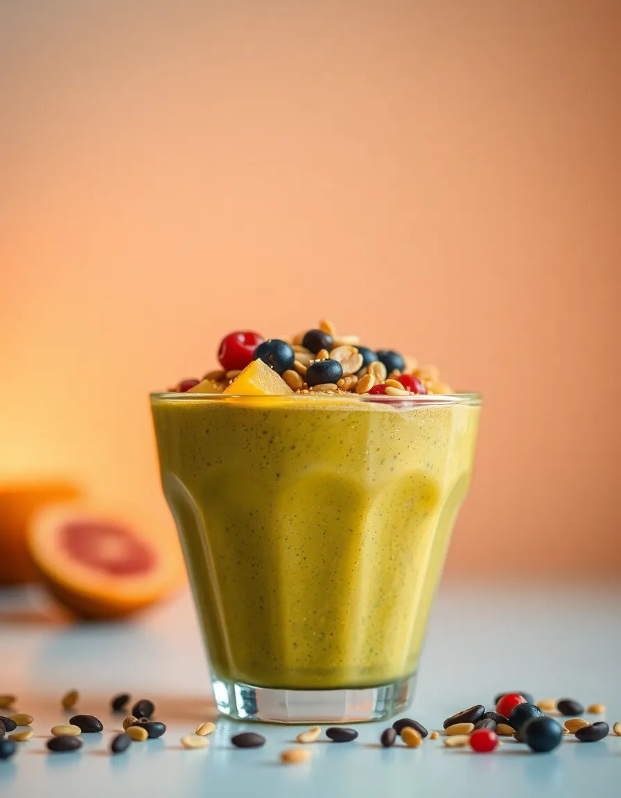 This visually appealing image features a vibrant smoothie bowl brimming with fresh fruits and seeds. The soft studio lighting creates an inviting and warm atmosphere while the cinematic color grading enhances the rich tones. The shallow depth of field draws attention to the bowl, beautifully framed in the foreground, enticing viewers to indulge in this healthy treat.