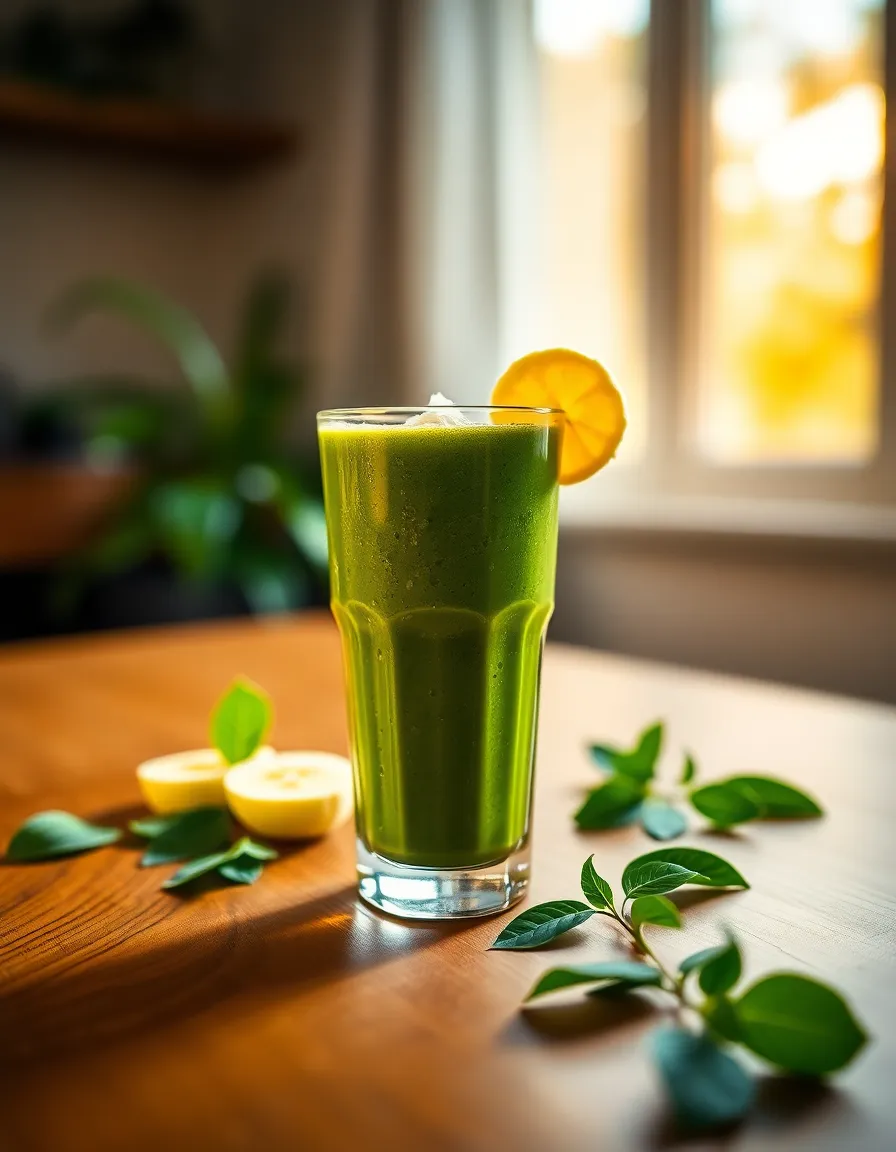 A photorealistic image showcasing a vibrant green smoothie in a clear glass, beautifully presented with banana slices and coconut flakes. The warm tungsten lighting creates a cozy atmosphere, while the deep greens of the smoothie contrast nicely with the light-colored wooden table. The shallow depth of field provides a soft backdrop, drawing attention to the freshness of the ingredients. Perfect for health-oriented blogs and lifestyle magazines, this image conveys a sense of vitality and freshness.