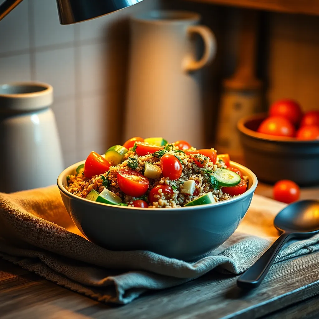 A cozy quinoa salad filled with fresh cherry tomatoes, cucumber, and herbs is beautifully styled under the warm glow of a desk lamp. The inviting colors and textures create a sense of comfort, appealing to those seeking healthy meal inspirations. The shallow depth of field brings attention to the dish while softening the background, enhancing the overall warmth. This image embodies a homely cooking style that promotes healthy eating.