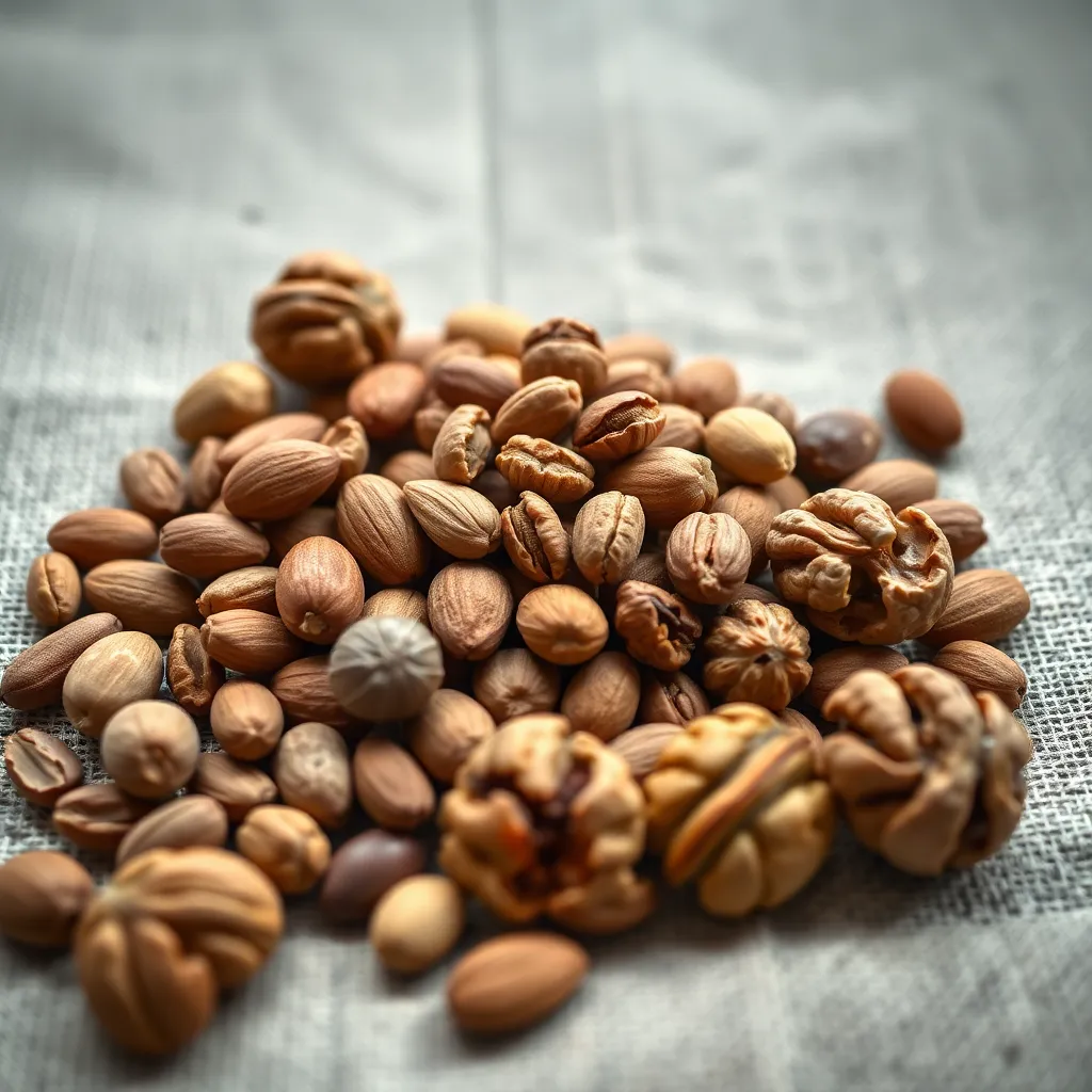 This artistic image features an exquisite arrangement of assorted nuts and seeds on a textured linen backdrop, capturing their natural beauty. Soft backlighting adds a gentle glow, enhancing the details and textures of each nut. The color palette of earthy tones evokes a sense of wholesome nourishment, making it an ideal representation of healthy eating. The carefully composed layout invites the viewer to appreciate the variety and richness of these natural snacks.