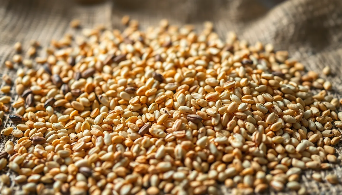 This close-up shot highlights the intricate textures and details of an array of whole grains and seeds, artfully spread on a rustic burlap cloth. Soft diffused daylight enhances the natural muted tones of the grains, creating an inviting and healthy atmosphere. The composition emphasizes abundance while the shallow depth of field draws the viewer's eye to the rich textures and forms of the grains, inspiring thoughts of wholesome nutrition.