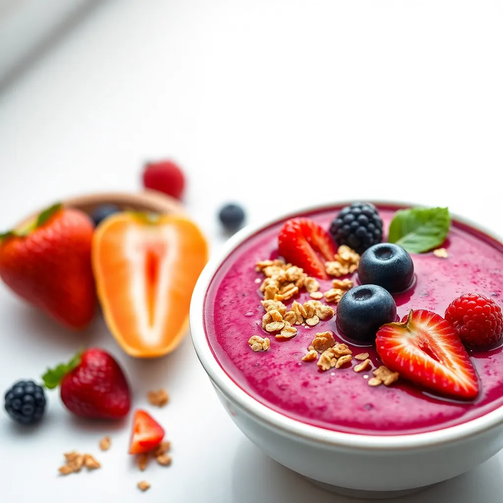 A close-up of a stunning acai smoothie bowl, vibrantly topped with granola and fresh fruits, displayed against a clean white background. The overcast lighting creates soft shadows that enhance the natural colors. With a shallow depth of field, the focus is on the creamy smoothie and the glistening textures of the toppings, inviting you into the refreshing world of healthy eating.