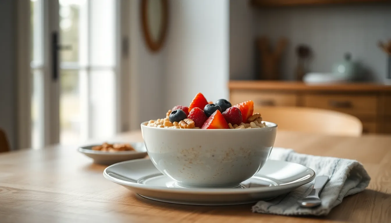 A beautifully arranged breakfast table showcasing a bowl of oatmeal topped with a colorful array of fruits and nuts. The soft morning light floods the scene, creating a calm and inviting atmosphere. The deep focus captures the details of the entire table setting, highlighting the textures of the oatmeal and vibrant toppings. This image embodies the wholesome essence of starting the day with a healthy meal.