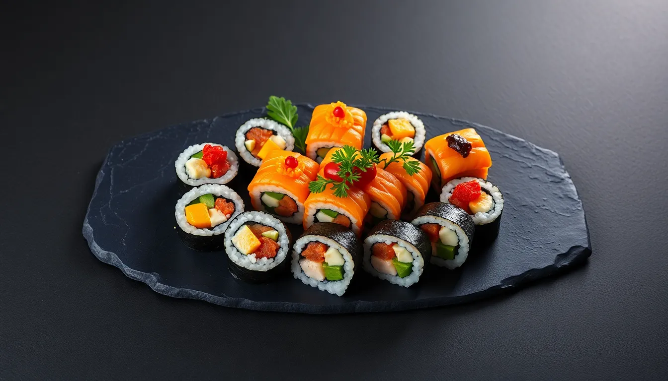 An elegant display of vegan sushi rolls adorned with vibrant colors and garnishes captivates against a smooth black slate background. The three-point studio lighting gracefully highlights the intricate details of the sushi, emphasizing the artistry involved in its preparation. Rich colors and natural tones invite a sense of culinary elegance and health. The centered composition draws the viewer's eye directly to the exquisite presentation of this healthy dish.