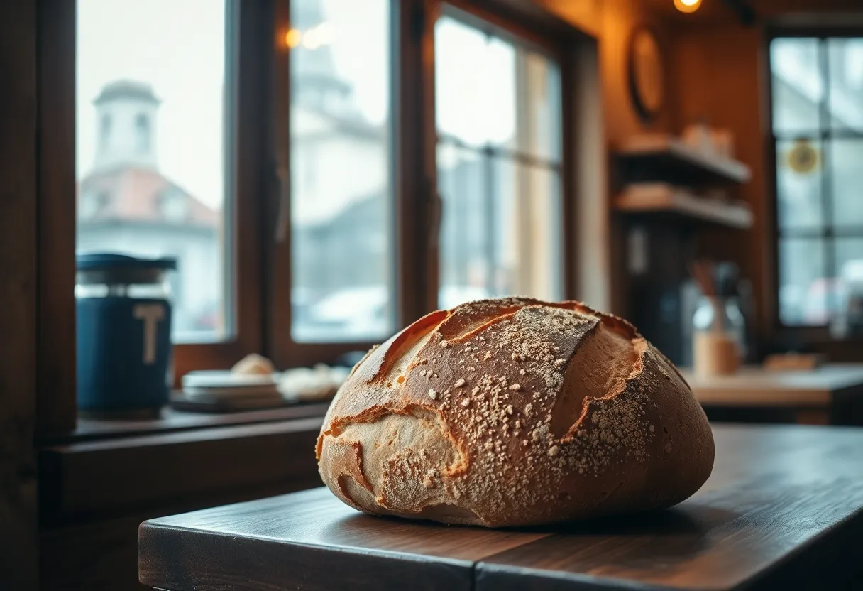 A freshly baked whole grain loaf beautifully displayed on a wooden countertop in a rustic café, illuminated by soft daylight filtering through a window. The golden crust and the artisanal texture are accentuated by the warm lighting, evoking a cozy atmosphere. With a shallow depth of field, the bread stands out sharply against the softly blurred café background, creating an inviting scene ideal for promoting healthy baked goods.