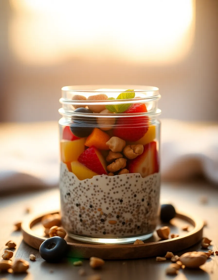 This image showcases a decadent plant-based dessert featuring layers of chia pudding, fresh fruits, and nuts presented in a clear glass jar. The warm golden hour light creates a beautiful rim around the jar, drawing attention to its appealing textures and colors. The vibrant fruits and creamy pudding create a visually stunning contrast, while the softly blurred background enhances the focus on the dessert. Ideal for healthy eating and plant-based themes, this image captivates with its delightful presentation.