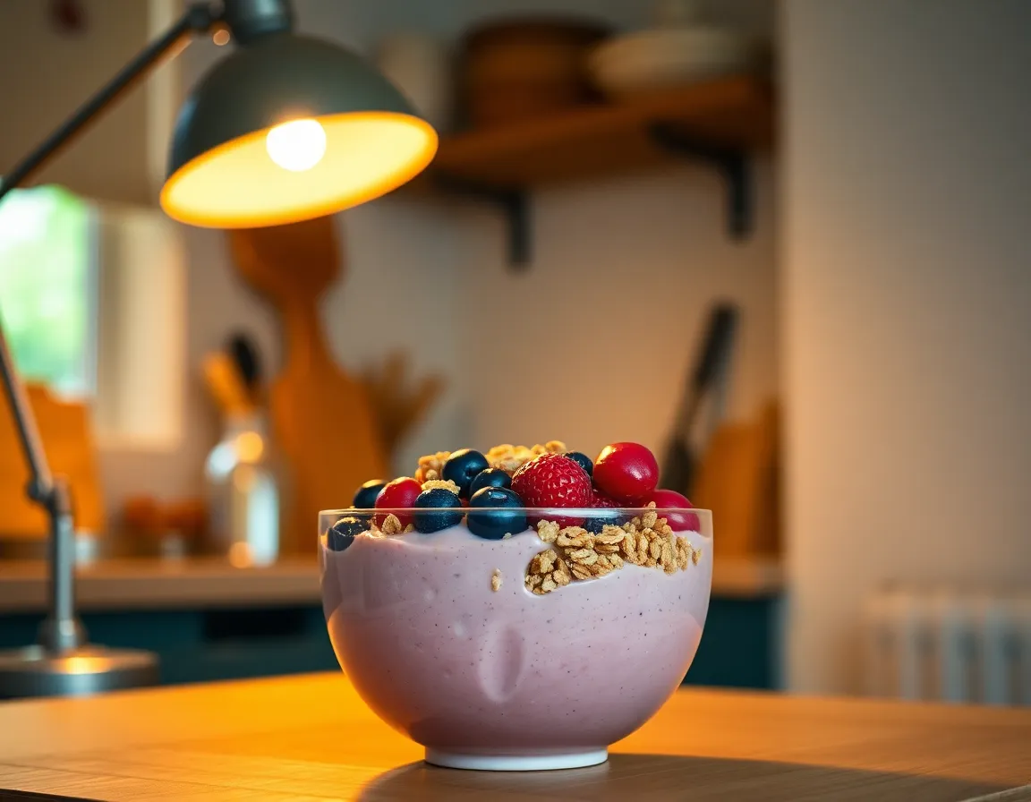 This captivating image features a smoothie bowl artfully topped with vibrant berries and crunchy granola, glowing warmly under tungsten lighting in a cozy kitchen. The soft blurring of the background elements enhances the focus on the bowl, inviting viewers to indulge in this healthy treat. The richness of the colors and textures offers a delightful presentation, making it perfect for health and wellness themes.