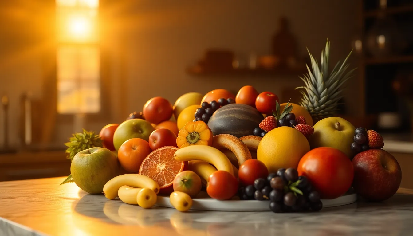 This vibrant image features an artistic arrangement of various fruits, beautifully lit by golden hour backlighting. The warm rim light highlights the textures of each fruit, while the marble counter adds an elegant touch. With a variety of colors, this composition draws viewers in with its natural beauty and invites a sense of healthy indulgence, perfect for any food-related project.