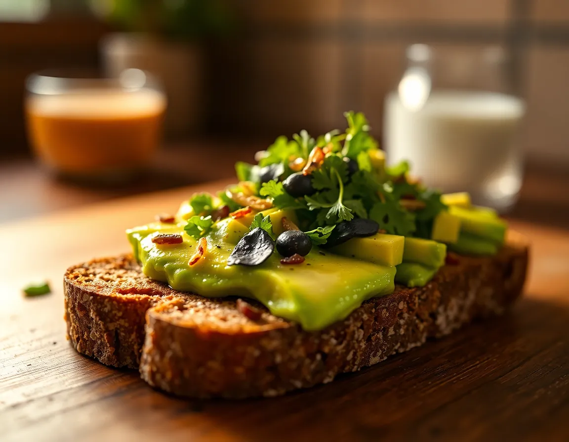 This close-up image presents a gourmet avocado toast topped with microgreens and cherry tomatoes, inviting the viewer into a cozy culinary experience. Warm tungsten lighting creates a comforting glow, emphasizing the fresh and vibrant colors of the toppings. The creamy avocado contrasts beautifully with the rustic bread's texture, making it a visually appealing healthy dish. The focus on intricate details brings this wholesome meal to life.