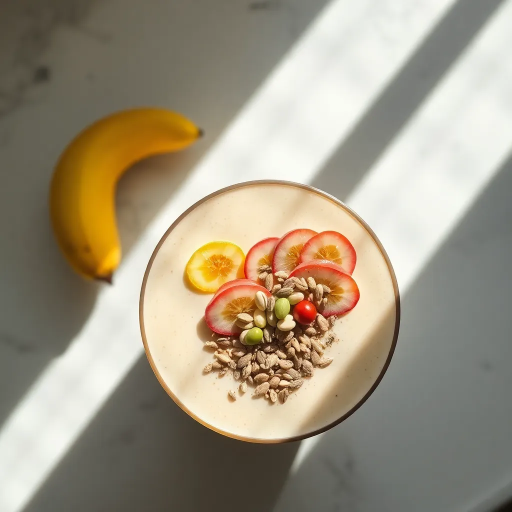 This overhead shot features an elegant smoothie bowl adorned with sliced fruits, seeds, and nuts, creating an enticing visual. The soft natural light enhances the textures, while the shallow depth of field draws attention to the beautiful arrangement of toppings. The pastel color palette evokes a sense of calm and health, making it perfect for wellness and food enthusiasts. The centered composition highlights the artistry of the dish, inviting viewers to explore its vibrant details.