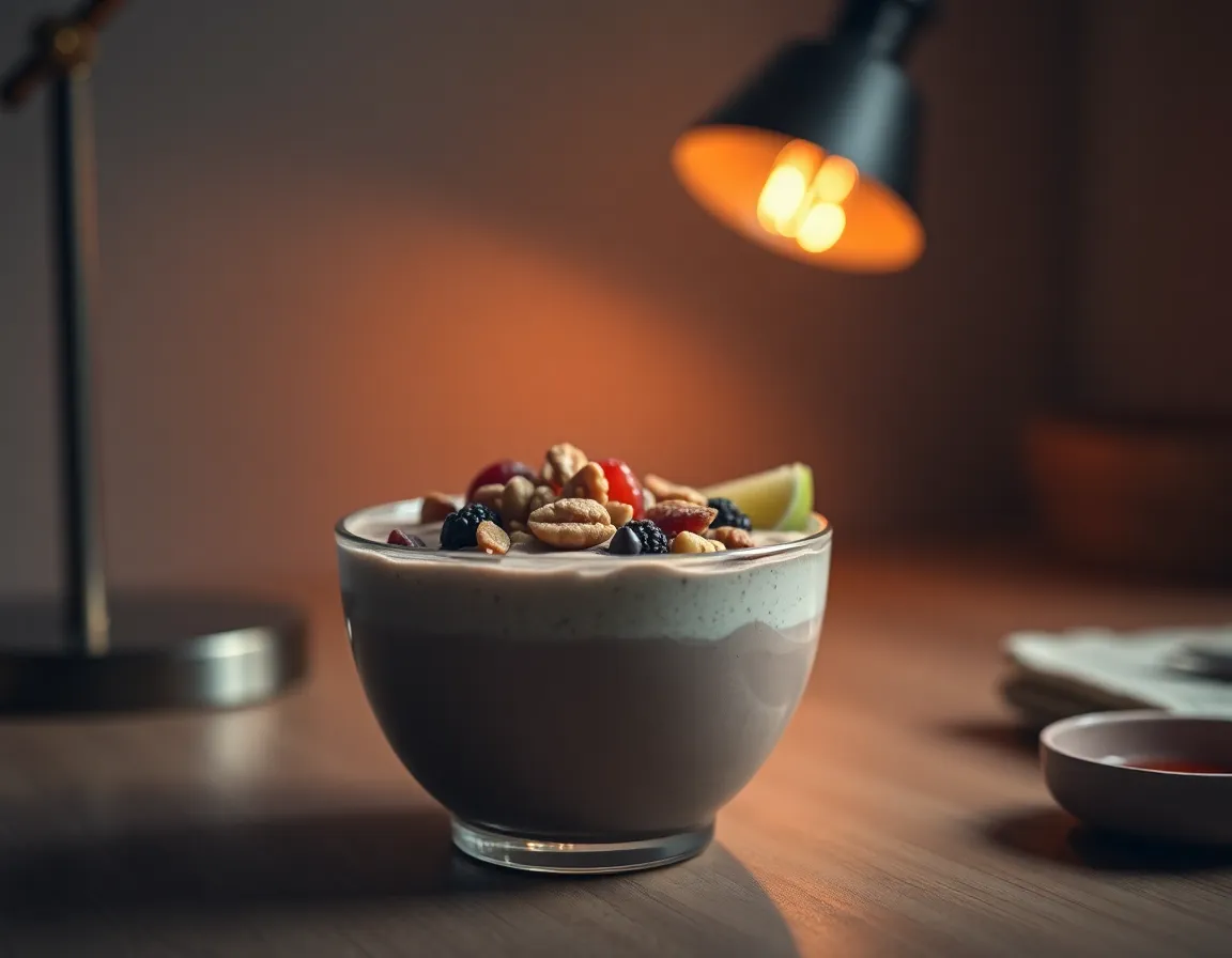 A cozy smoothie bowl filled with a vibrant mix of fruits and nuts is artfully arranged on a rustic wooden table. The warm tungsten light casts an inviting glow, while the selective focus highlights the creamy texture of the smoothie. Various toppings, including berries and coconut flakes, add color and texture, creating a deliciously appealing look. This scene captures the essence of healthy eating in a relaxed setting.