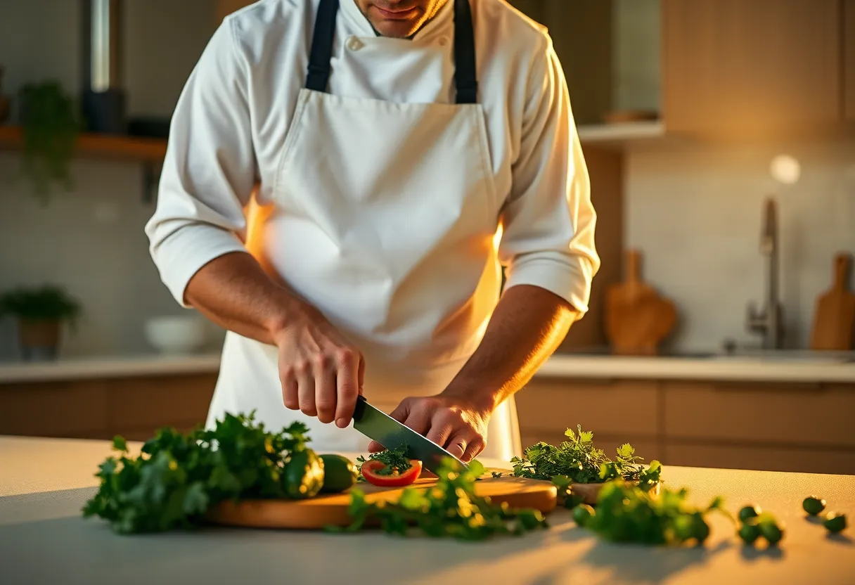 A dedicated chef is engrossed in preparing healthy ingredients in a stylish kitchen, illuminated by warm golden hour light. The scene features vibrant greens as herbs are skillfully chopped, showcasing the culinary process. The shallow depth of field enhances the focus on the chef and the fresh ingredients, while the blurred kitchen backdrop adds context. This image conveys passion for healthy cooking and modern culinary skills.