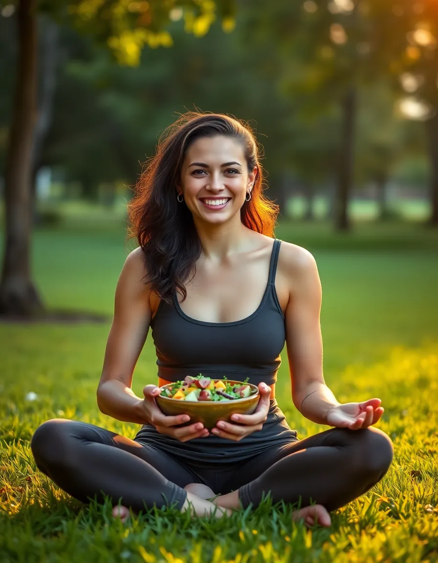 A serene image of a woman in yoga attire, sitting cross-legged in a lush green park during golden hour. She enjoys a colorful salad, with the warm backlighting creating a radiant halo around her. The vibrant colors of the fresh ingredients contrast beautifully with the soft, out-of-focus natural surroundings, capturing the essence of healthy living and mindfulness. This composition evokes a sense of peace and connection with nature.
