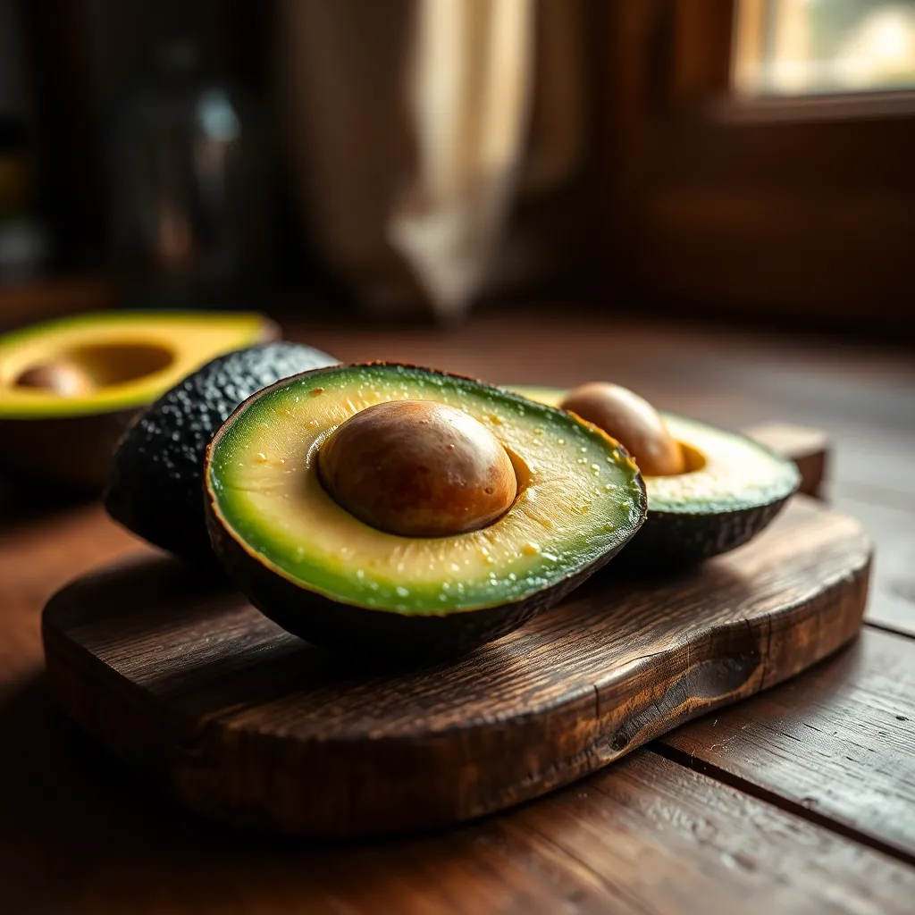 Detailed Slice of Avocado on Wooden Board