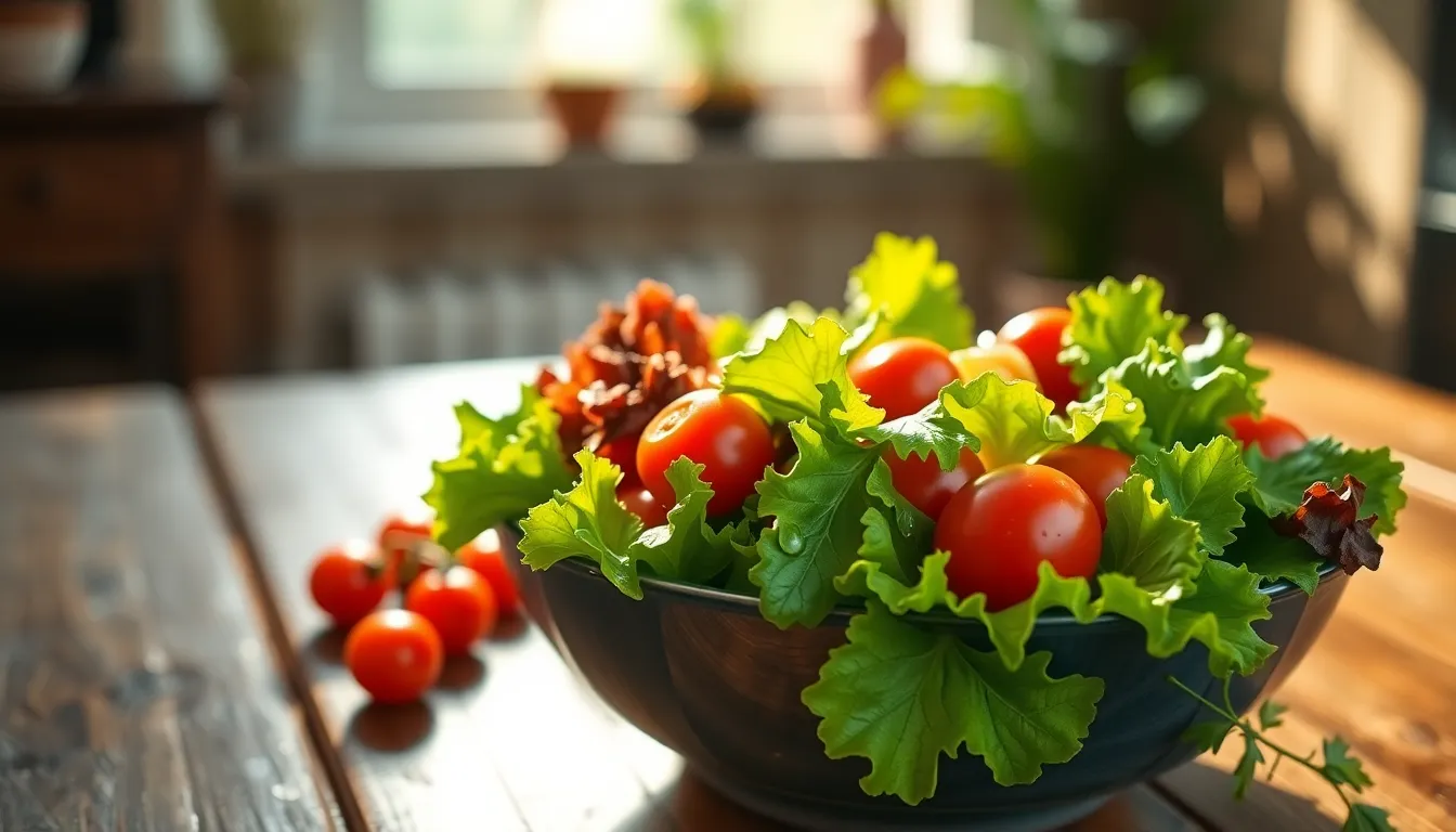 A photorealistic image of a colorful salad bowl filled with fresh ingredients like lettuce, cherry tomatoes, and cucumbers, artfully arranged on a rustic wooden table. The morning light casts soft shadows and highlights, emphasizing the freshness of the vegetables. The rich greens and reds create a visually appealing contrast, drawing the viewer’s eye towards the textures of the salad. This inviting scene captures the essence of healthy eating and would make a perfect addition to lifestyle or food blogs.