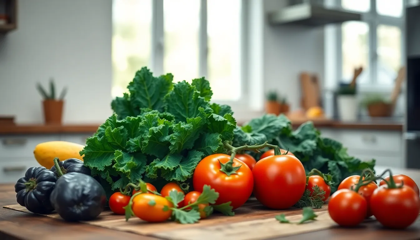 A vibrant array of fresh vegetables, including green kale and ripe red tomatoes, elegantly arranged on a rustic wooden table. Soft daylight filters through kitchen windows, casting gentle light on the textures of the produce. The shallow depth of field draws attention to the luscious colors and details of the ingredients, creating an inviting and healthy atmosphere perfect for food enthusiasts.