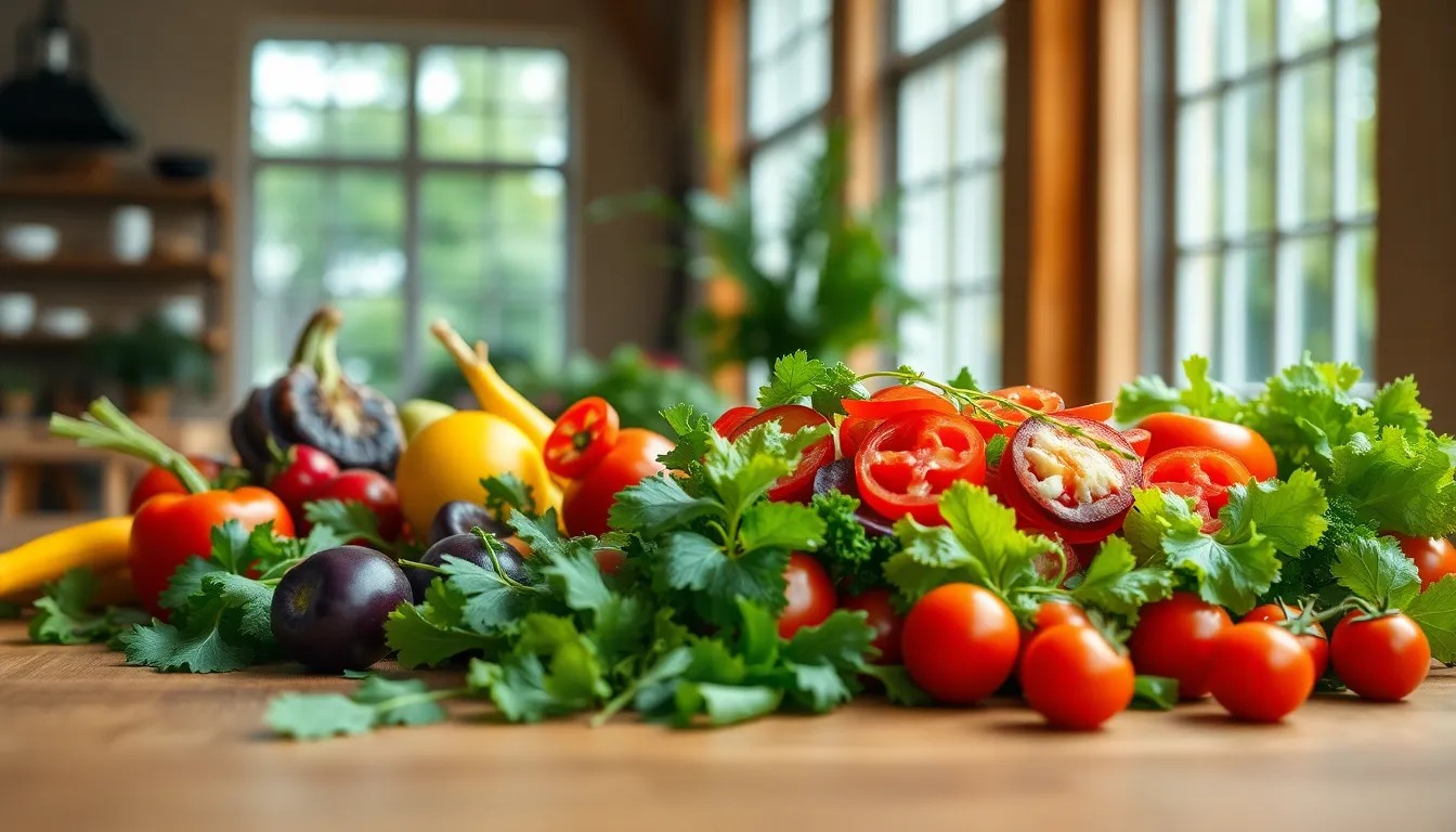 This image captures a mouth-watering arrangement of fresh vegetables including ripe tomatoes, crisp cucumbers, and leafy greens. Bathed in soft overcast daylight, the vibrant colors pop against a warm wooden table, evoking an inviting and healthy atmosphere. The shallow depth of field emphasizes the freshness of the produce, creating a visually appealing focal point with a soft bokeh effect in the background.