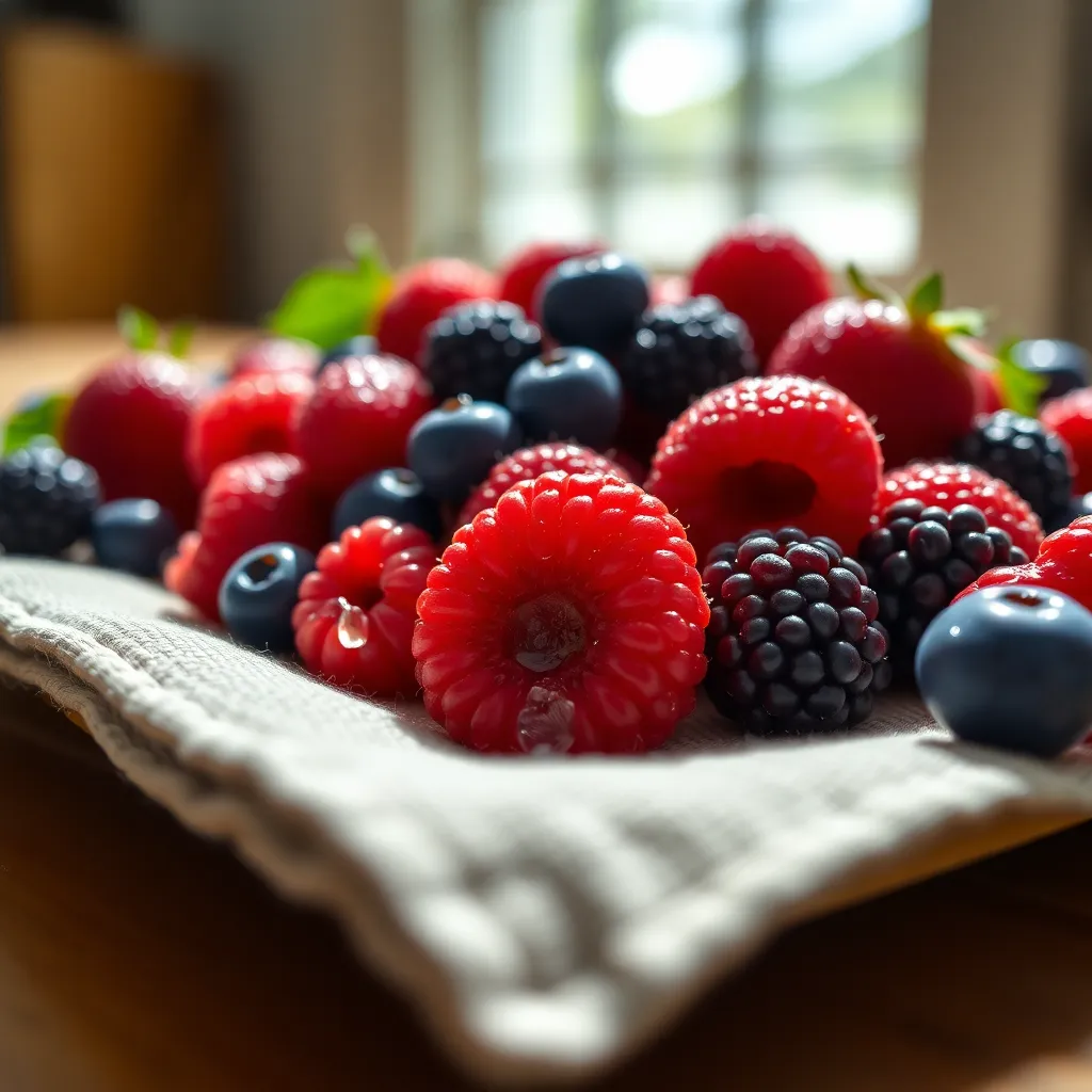 A close-up photograph of an assortment of fresh berries, including strawberries, blueberries, and blackberries, artfully arranged on a textured linen cloth. The natural light illuminates the fruits, showcasing their vibrant colors and juicy textures. The detailed macro shot captures the freshness of the berries, with tiny water droplets adding an extra touch of realism. This image is perfect for articles and marketing materials focused on healthy eating and fresh produce.