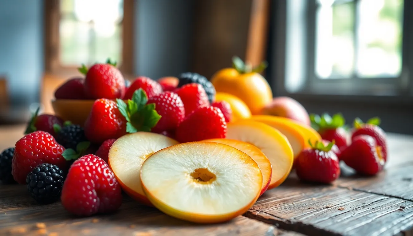 This vibrant image captures an array of fresh fruits, including strawberries, blueberries, and apple slices, arranged on a rustic wooden table. The soft natural light highlights their juicy textures and bright colors, creating an inviting and healthy atmosphere. The shallow depth of field draws the viewer's attention to the detailed surfaces of the fruits, while the warm tones of the wood provide a beautiful contrast. Perfect for a healthy food theme, this image evokes freshness and vitality.