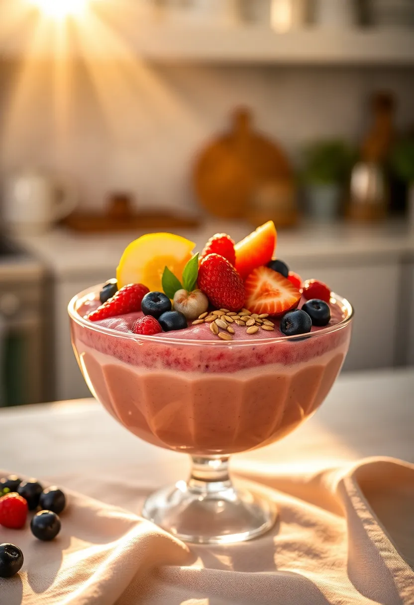 This inviting image depicts a colorful smoothie bowl adorned with an array of fresh fruits, seeds, and nuts, beautifully illuminated by golden hour backlighting. The selective focus brings attention to the vibrant toppings, making the smoothie bowl the star of the scene. The creamy texture and the soft bokeh of the kitchen countertop in the background evoke a sense of freshness and healthfulness, perfect for the health-conscious consumer.