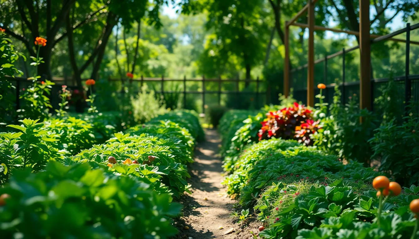This image showcases a vibrant vegetable garden bathed in natural sunlight. The dappled light filters through the greenery, enhancing the lush textures of the plants. The hyperfocal distance captures sharp details throughout the garden, while the muted tones bring a calming, earthy feel to the scene. This composition emphasizes the growth of healthy food right from the earth.