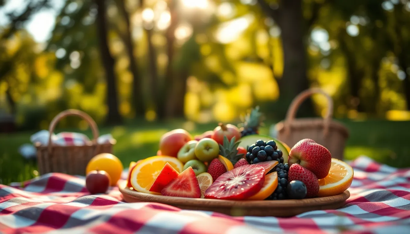This image presents a picturesque picnic scene featuring a beautifully arranged platter of colorful fruits. Dappled sunlight filters through the trees, casting a warm glow over the setup. The selective focus on the fruits against a soft background invites the viewer into a refreshing outdoor experience, highlighting the vibrant colors and natural appeal of healthy foods.