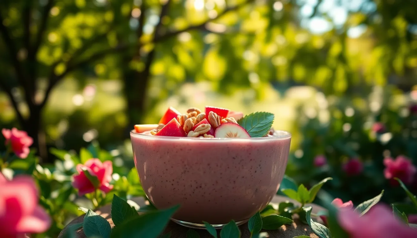 This picturesque scene features a beautifully crafted smoothie bowl adorned with an array of fresh fruits and nuts, placed in a tranquil garden. Sunlight filters through the trees, creating enchanting dappled patterns around the bowl. The bright colors of the fruits pop against the soft greenery, inviting a sense of health and vitality. The shallow depth of field highlights the smoothie bowl, making it the focal point of this serene, nature-infused setting.