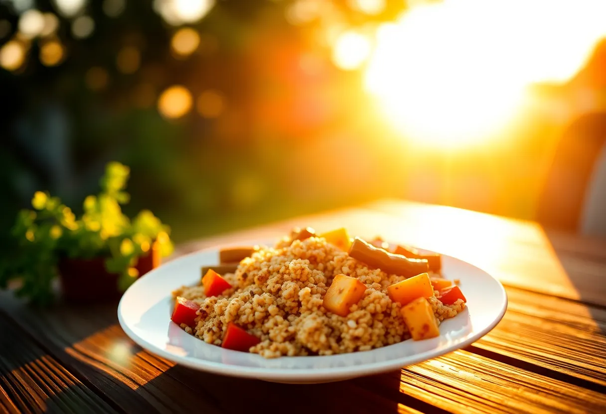 An inviting bowl of fresh salad, artfully arranged with mixed greens, cherry tomatoes, and crisp cucumber slices, bathed in the warm light of the golden hour. The backlighting creates a beautiful rim light around the bowl, drawing attention to the vibrant colors of the ingredients. Rich textures and depth are enhanced by the shallow focus, encapsulating the essence of healthy dining in a visually stunning way.