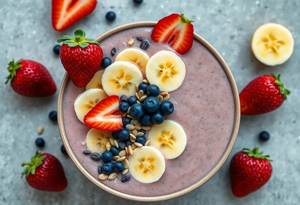 Delve into the vibrant world of healthy eating with this stunning image of a smoothie bowl topped with fresh fruits and seeds. The radiant colors of strawberries, bananas, and seeds come to life under natural diffused daylight, enhancing the overall freshness of the dish. The focus on intricate details of the toppings invites viewers to appreciate wholesome ingredients. This beautifully arranged smoothie bowl embodies the essence of nutritious meals.