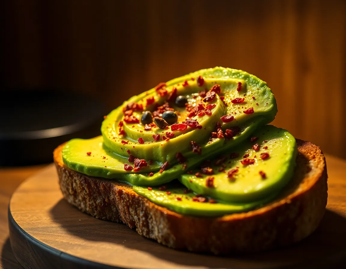 A close-up of a vibrant smoothie bowl filled with a creamy base and topped with an assortment of fresh fruits, nuts, and seeds, all presented on a textured ceramic plate. The warm light from a desk lamp casts a cozy glow over the scene, enhancing the vivid colors and inviting textures, perfect for a healthy breakfast or snack promotion. The fine details of the toppings are highlighted by a shallow depth of field, creating an appetizing and inviting image.