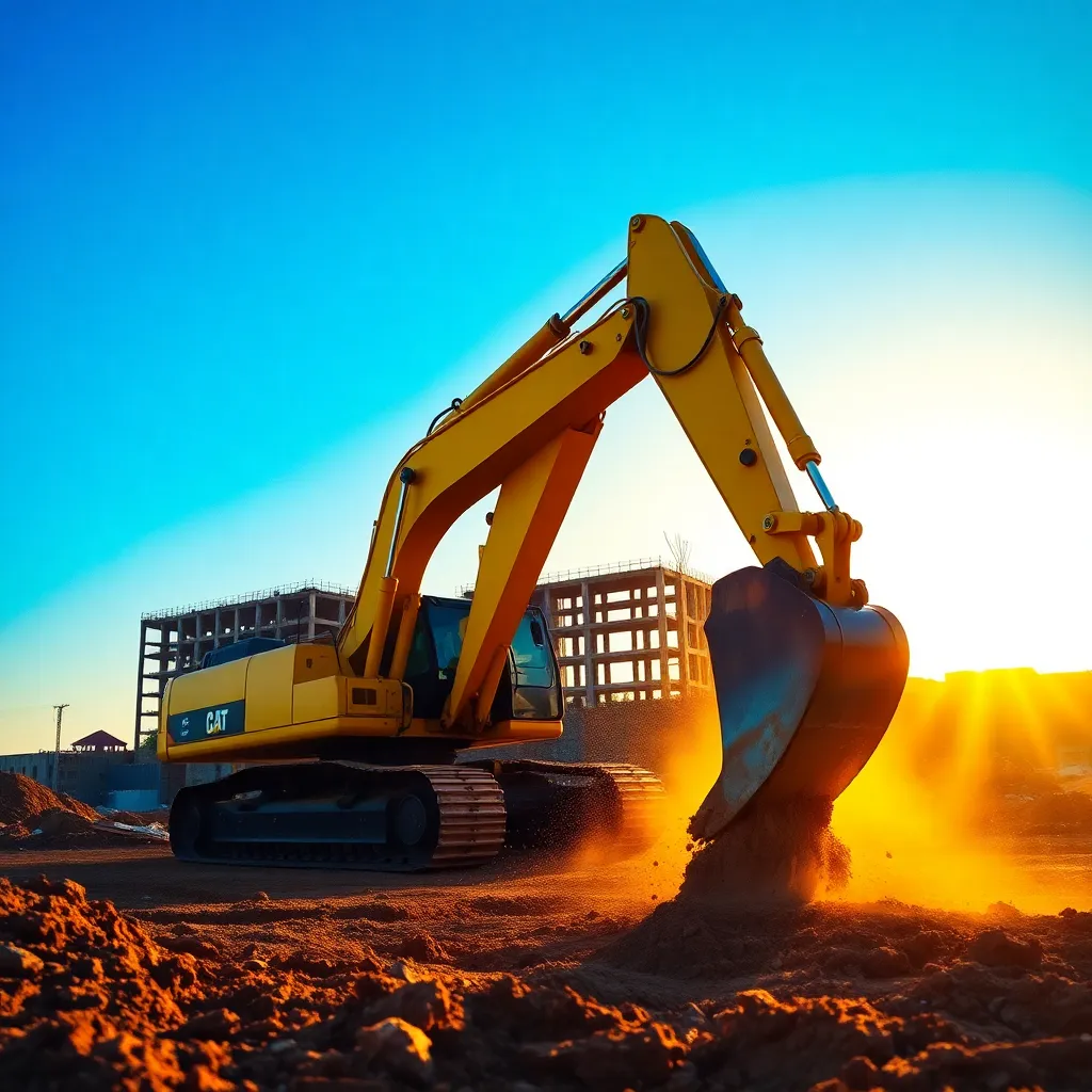 An excavator digging at a construction site, illuminated by golden hour lighting.