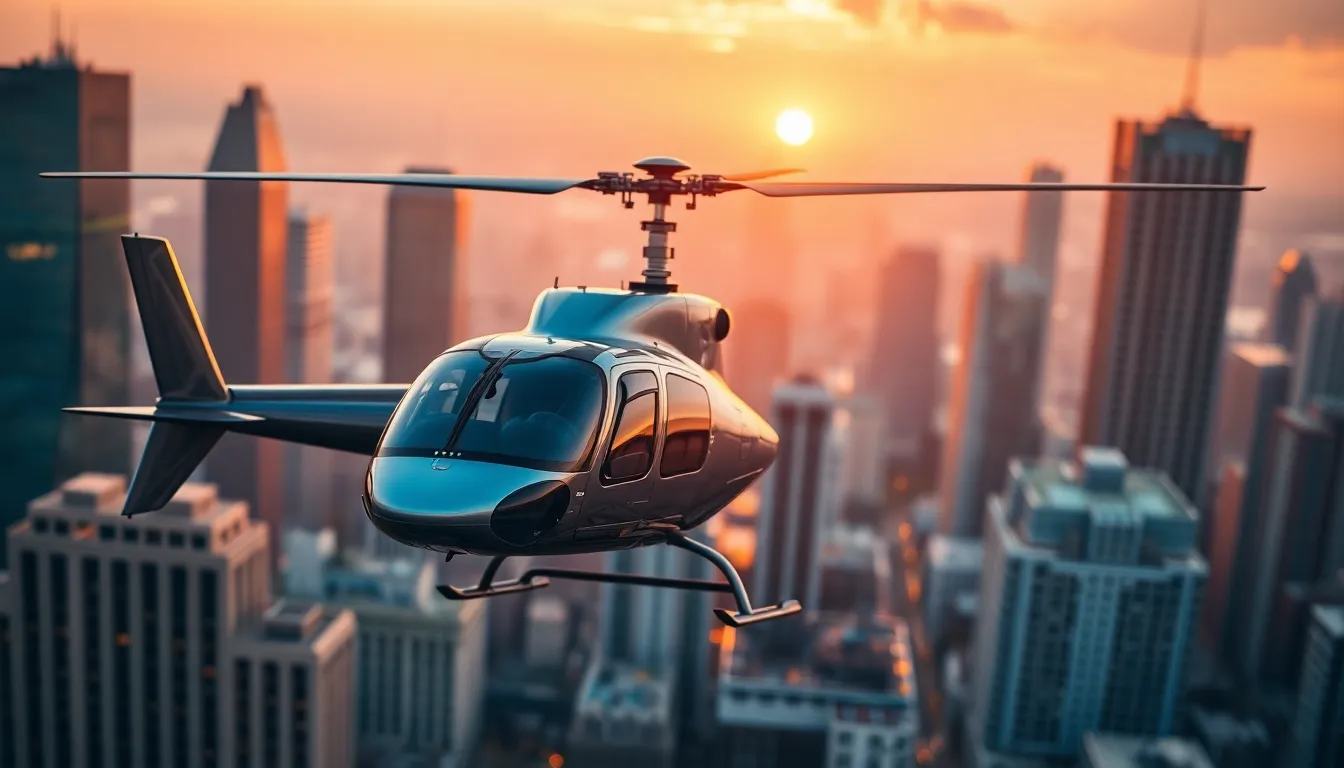 Helicopter Hovering Over Vibrant Cityscape This stunning image showcases a helicopter hovering above a vibrant city during golden hour. The warm hues of the sunset create a dramatic backdrop, accentuating the sleek design of the aircraft. The scene's shallow depth of field draws attention to the helicopter while providing a dreamy view of the blurred skyline. With its glossy metallic finish reflecting the colors of the evening sky, this image captures both action and beauty in urban transportation.