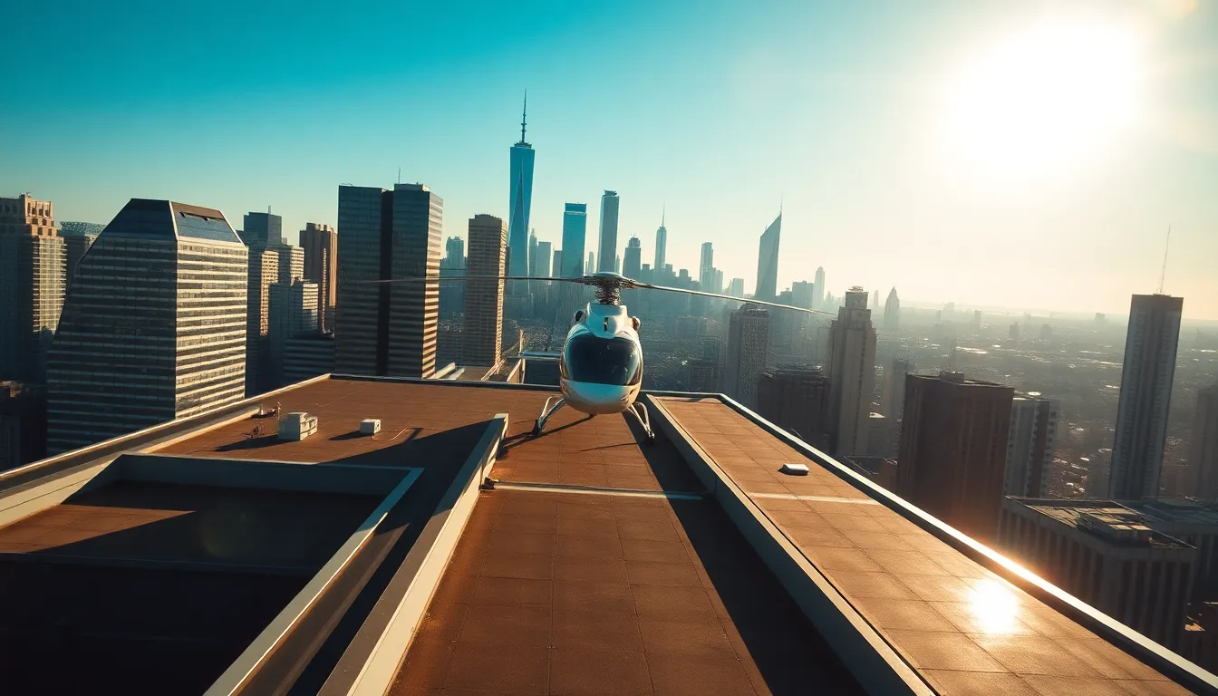 Commercial Helicopter Landing in City This dynamic image captures a commercial helicopter making a landing on a busy city rooftop, surrounded by towering skyscrapers. The bright midday sunlight enhances the vibrancy of the urban scene, creating sharp contrasts and highlights. With its clear focus, the image emphasizes the helicopter and the detailed architecture in the background. The composition's leading lines guide the viewer's eye, making it perfect for urban transportation themes.