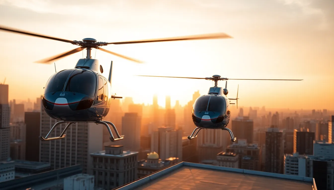 Helicopter Landing on Rooftop Helipad at Sunrise