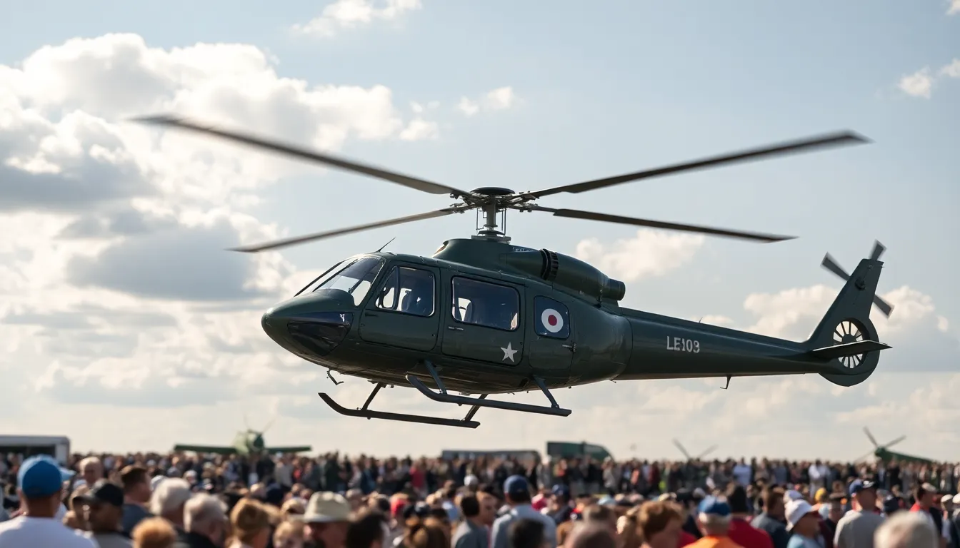 Vintage Helicopter at Airshow Event This charming image captures a vintage helicopter on display at an exciting airshow, surrounded by an enthusiastic crowd. Bright and even lighting illuminates the scene, with soft clouds adding texture to the sky. The selective focus highlights the helicopter, creating a nostalgic ambiance with its pastel color palette. The rule of thirds effectively composes the helicopter while showing the lively atmosphere of the event, perfect for aviation and history lovers.