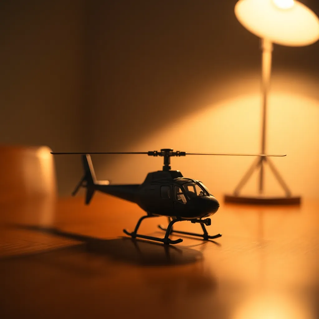 Model Helicopter on a Wooden Table An artistic close-up of a detailed helicopter model placed on a polished wooden table. The warm tungsten lighting creates a cozy atmosphere, casting dramatic shadows that enhance the intricate details of the model's surface. With a shallow depth of field, the focus is sharp on the helicopter while the background gently blurs, inviting viewers to appreciate the craftsmanship. The natural muted tones of the wood and model complement each other perfectly, offering a sophisticated look.