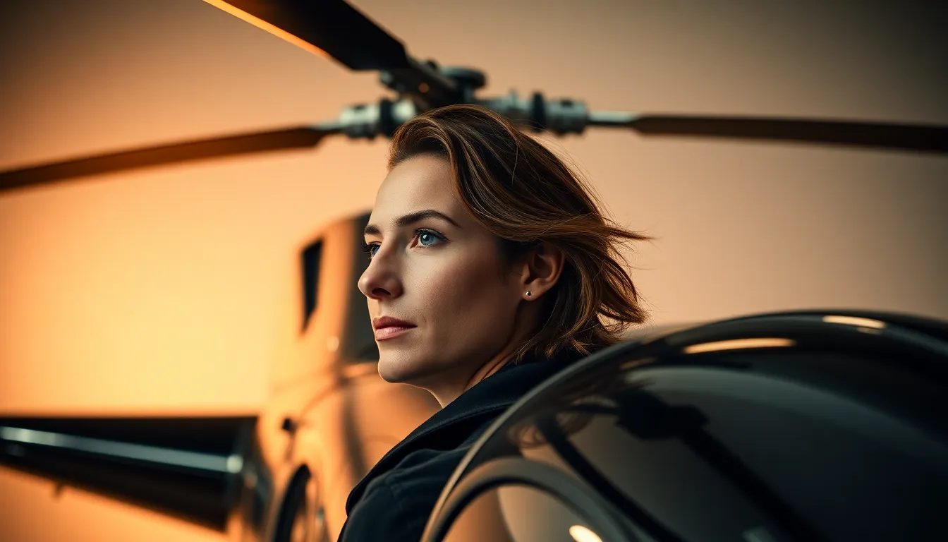 Helicopter in Studio Setting A captivating image of a helicopter showcased in a professional studio setting, captured with a dynamic Dutch angle. The sleek metal surface of the helicopter gleams under the carefully arranged three-point lighting that highlights its contours. The warm color palette evokes an inviting yet dramatic atmosphere while maintaining clarity throughout the scene. This hyper-detailed representation allows appreciation for the helicopter’s design, making it a standout subject.