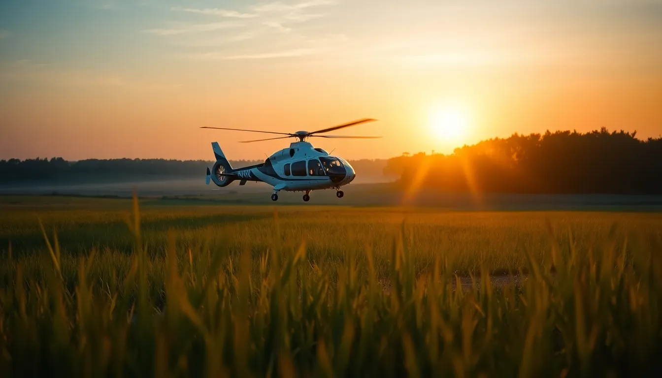 Emergency Helicopter Taking Off at Dusk This captivating image captures an emergency medical helicopter taking off from a rural area during dusk. The ethereal glow of the setting sun illuminates the helicopter, creating a dramatic focal point against the softening landscape. The Dutch angle composition adds a sense of urgency and movement, while the warm golden hues contrast beautifully with the encroaching night. This photograph tells a compelling story of emergency response in serene surroundings.