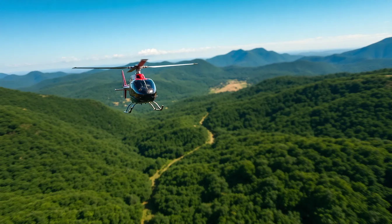Helicopter Soaring Over a Green Landscape